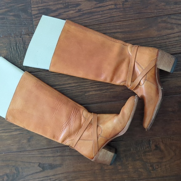 FRYE I Vintage Genuine Goodyear Welt Tall Cognac Leather Boots with Buckles, 5.5 - Picture 12 of 16